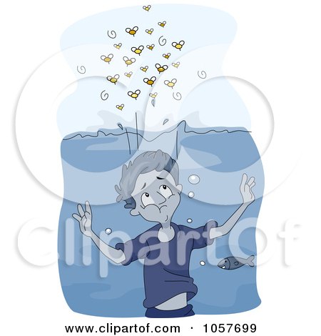 Royalty-Free Vector Clip Art Illustration of Bees Hovering Over Water Above A Boy by BNP Design Studio