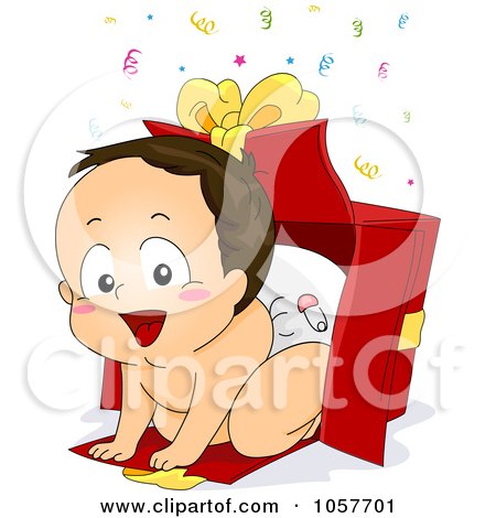 Royalty-Free Vector Clip Art Illustration of a Birthday Baby Climbing Out Of A Gift Box by BNP Design Studio