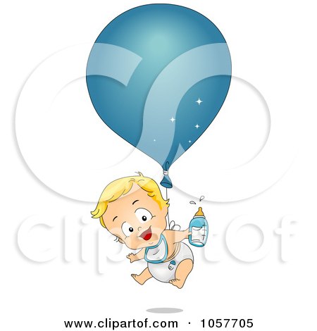 Royalty-Free Vector Clip Art Illustration of a Baby Birthday Boy Floating With A Balloon And Bottle by BNP Design Studio
