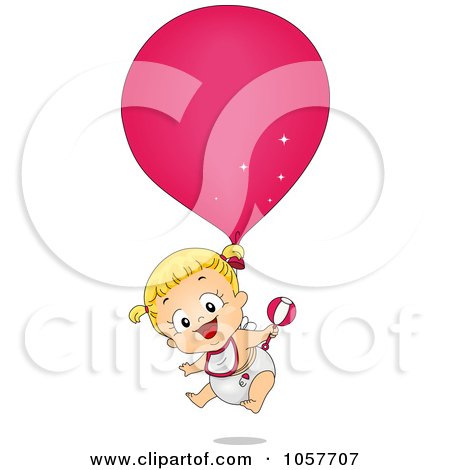 Royalty-Free Vector Clip Art Illustration of a Baby Birthday Girl Floating With A Balloon by BNP Design Studio