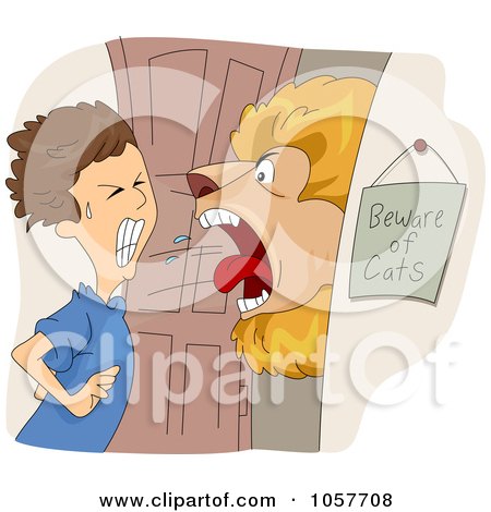 Royalty-Free Vector Clip Art Illustration of a Lion Roaring At A Boy In A Doorway By A Beware Of Cats Sign by BNP Design Studio