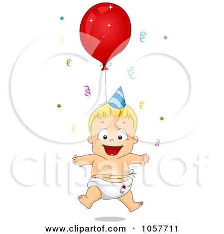 Royalty-Free Vector Clip Art Illustration of a Baby Birthday Boy Floating With A Balloon by BNP Design Studio