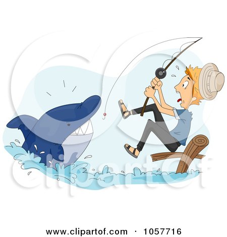Royalty-Free Vector Clip Art Illustration of a Man Reeling In A Shark While Fishing by BNP Design Studio