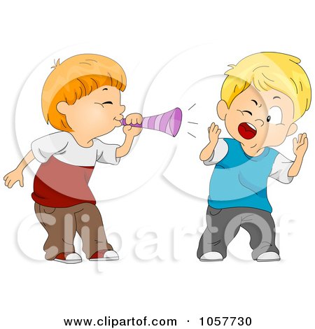 Royalty-Free Vector Clip Art Illustration of a Boy Blowing A Trumpet In Another Boy's Ear by BNP Design Studio