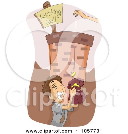 Royalty-Free Vector Clip Art Illustration of a Man Catching Coins At The Bottom Of A Wishing Well by BNP Design Studio