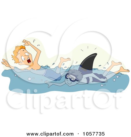 Royalty-Free Vector Clip Art Illustration of a Boy Chasing A Swimmer With A Fake Shark Fin by BNP Design Studio