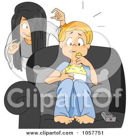 Royalty-Free Vector Clip Art Illustration of a Girl Sneaking Up On Her Brother While He Watches A Scary Movie by BNP Design Studio