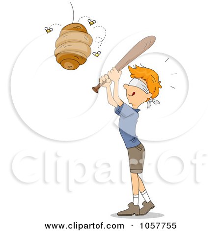 Royalty-Free Vector Clip Art Illustration of a Blindfolded Boy Whacking A Beehive Like A Pinata by BNP Design Studio