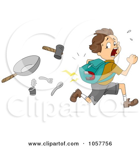 Royalty-Free Vector Clip Art Illustration of a Boy With A Magnet In His Pack, Running From Items by BNP Design Studio