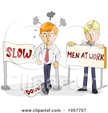 Royalty-Free Vector Clip Art Illustration of a Mad Businessman Breaking A Slow Down, Men At Work Construction Sign by BNP Design Studio