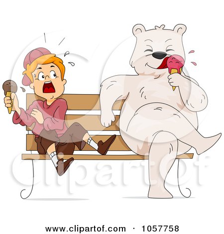Royalty-Free Vector Clip Art Illustration of a Bear Eating Ice Cream On A Bench By A Scared Boy by BNP Design Studio
