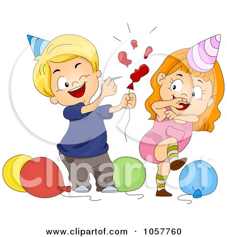 Royalty-Free Vector Clip Art Illustration of a Boy Popping A Party Balloon Behind A Girl by BNP Design Studio