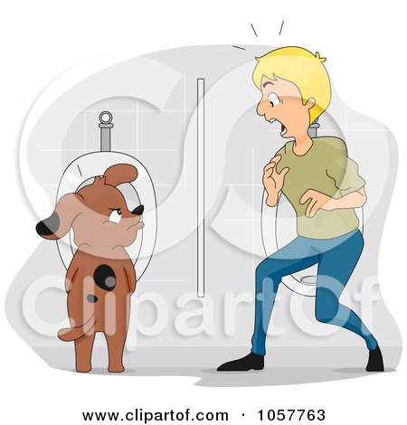 Royalty-Free Vector Clip Art Illustration of a Man Walking In On A Dog Using A Urinal by BNP Design Studio