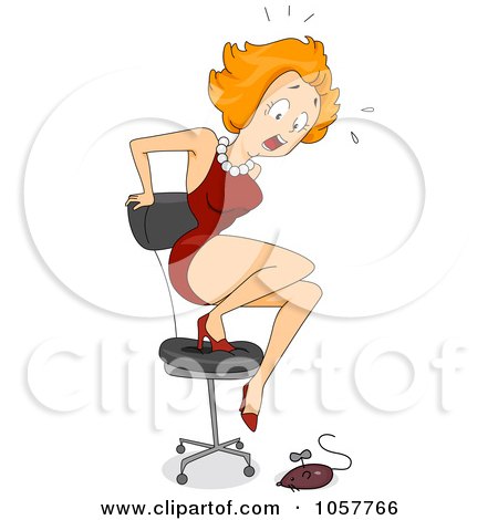 Royalty-Free Vector Clip Art Illustration of a Wind Up Mouse Scaring A Woman Onto A Chair by BNP Design Studio