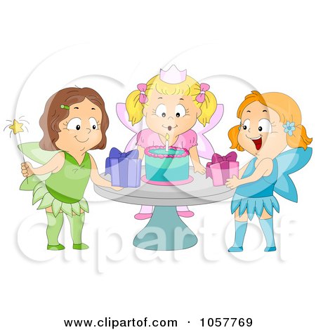 Royalty-Free Vector Clip Art Illustration of a Girl Blowing Out The Candle On Her Cake At A Fairy Birthday Party by BNP Design Studio