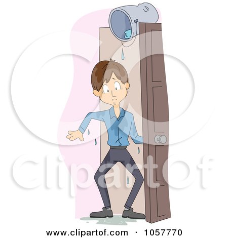 Royalty-Free Vector Clip Art Illustration of a Man Soaked From A Bucket Of Water In A Doorway by BNP Design Studio