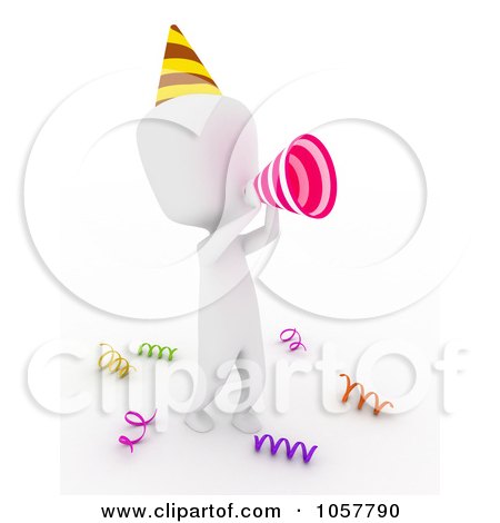 Royalty-Free CGI Clip Art Illustration of a 3d Ivory Man Using A Megaphone At Birthday Party by BNP Design Studio