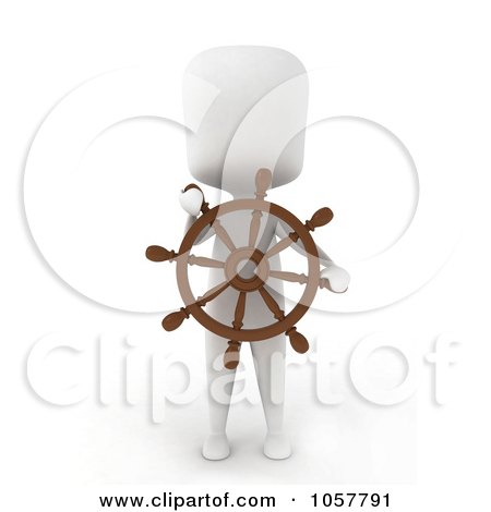Royalty-Free CGI Clip Art Illustration of a 3d Ivory Man Captain Holding A Steering Wheel by BNP Design Studio