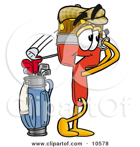 Clipart Picture of a Paint Brush Mascot Cartoon Character Swinging His Golf Club While Golfing by Mascot Junction