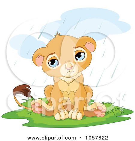 Royalty-Free Vector Clip Art Illustration of a Sad, Cute Little Lion In The Rain by Pushkin