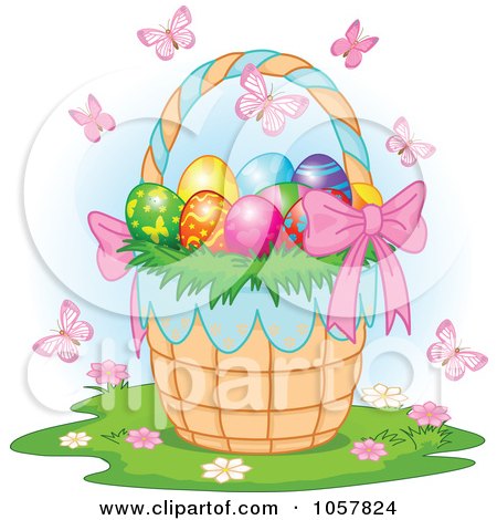 Royalty-Free Vector Clip Art Illustration of Butterflies Over An Easter Basket Full Of Eggs by Pushkin