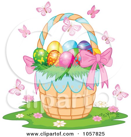 Royalty-Free Vector Clip Art Illustration of a Pink Bow On An Easter Basket Full Of Eggs, Surrounded By Butterflies by Pushkin