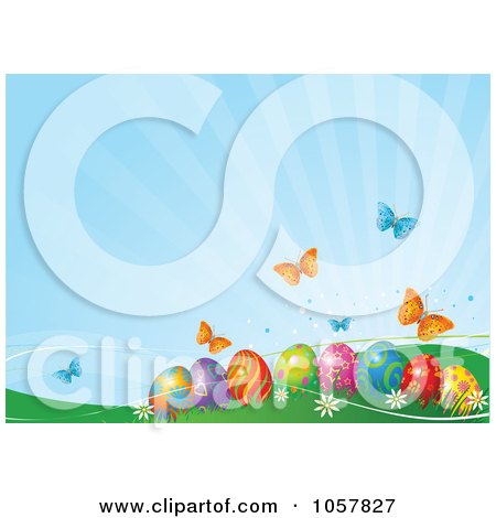 Royalty-Free Vector Clip Art Illustration of a Blue Easter Background With Butterflies Over Eggs In Hills by Pushkin