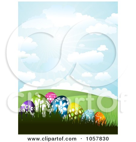 Royalty-Free Vector Clip Art Illustration of a Hilly Landscape With Easter Eggs Under A Sunny Sky by KJ Pargeter