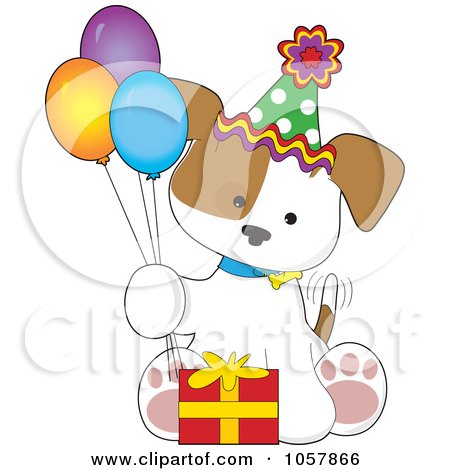 Royalty-Free Vector Clip Art Illustration of a Puppy Sitting With A Birthday Gift And Balloons by Maria Bell