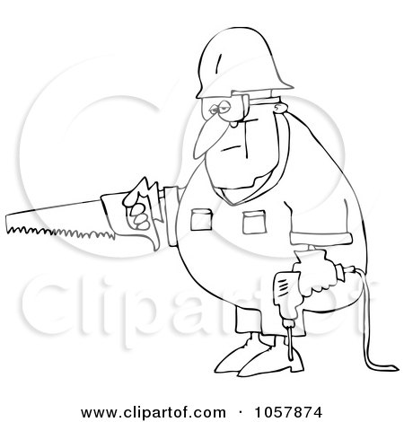 Royalty-Free Vector Clip Art Illustration of a Coloring Page Outline Of A Worker Man Carrying A Saw And Drill by djart