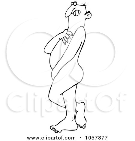 Royalty-Free Vector Clip Art Illustration of a Coloring Page Outline Of A Nude Shy Man Covering His Chest And Privates by djart