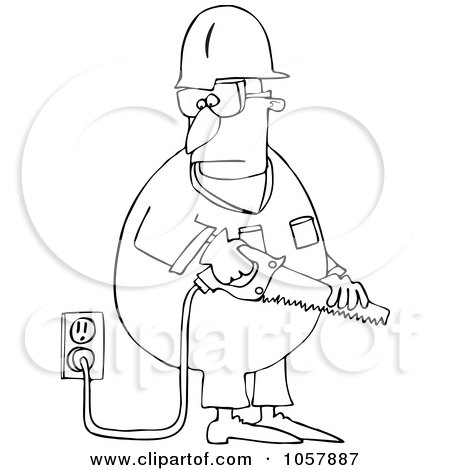 Royalty-Free Vector Clip Art Illustration of a Coloring Page Outline Of A Worker Man Holding A Power Saw by djart