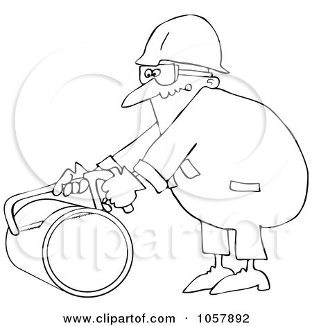 Royalty-Free Vector Clip Art Illustration of a Coloring Page Outline Of A Worker Man Using A Hacksaw To Cut A Pipe by djart