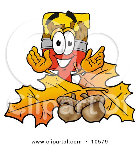 Clipart Picture of a Paint Brush Mascot Cartoon Character With Autumn Leaves and Acorns in the Fall by Mascot Junction