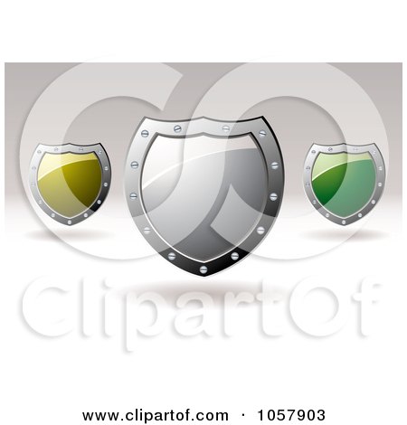 Royalty-Free Vector Clip Art Illustration of 3d Yellow, Silver And Green Shield Signs With Copyspace by michaeltravers