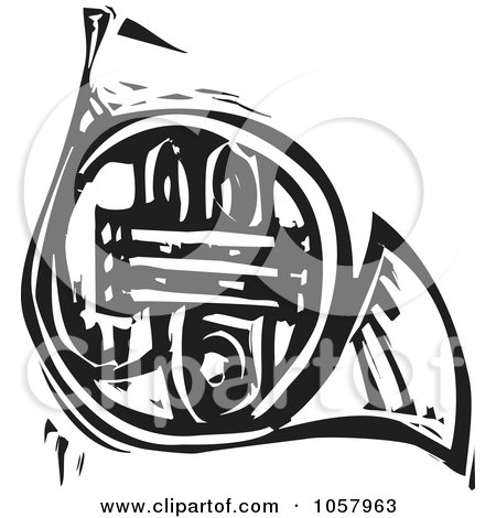 Royalty-Free Vector Clip Art Illustration of a Black And White Woodcut Styled French Horn by xunantunich