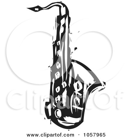 Royalty-Free Vector Clip Art Illustration of a Black And White Woodcut Styled Saxophone by xunantunich