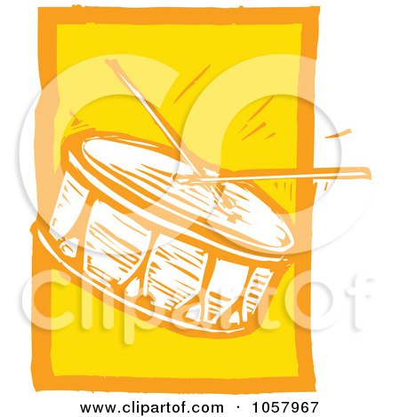 Royalty-Free Vector Clip Art Illustration of a Yellow Woodcut Styled Drum And Sticks by xunantunich