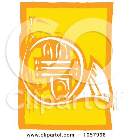 Royalty-Free Vector Clip Art Illustration of a Yellow Woodcut Styled French Horn by xunantunich