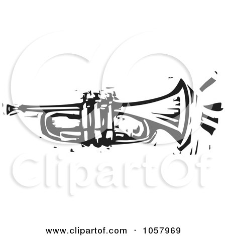 Royalty-Free Vector Clip Art Illustration of a Black And White Woodcut Styled Trumpet by xunantunich