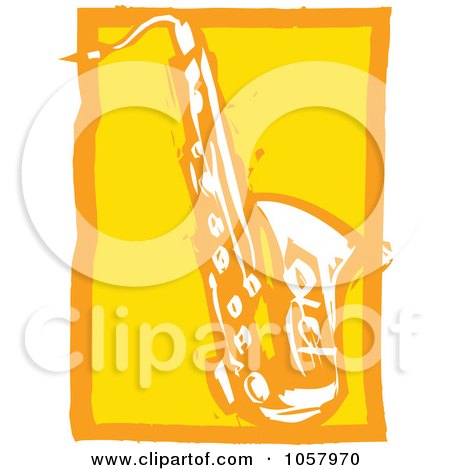 Royalty-Free Vector Clip Art Illustration of a Yellow Woodcut Styled Saxophone by xunantunich