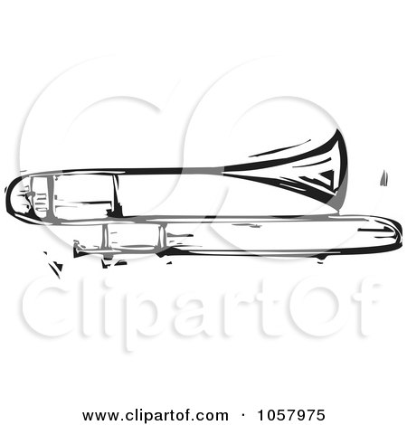 Royalty-Free Vector Clip Art Illustration of a Black And White Woodcut Styled Trombone by xunantunich