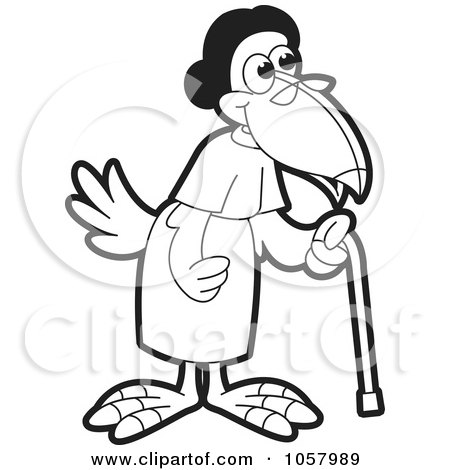 Royalty-Free Vector Clip Art Illustration of an Outlined Old Granny Crow Using A Cane by Lal Perera