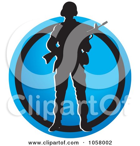 Royalty-Free Vector Clip Art Illustration of a Silhouetted Soldier With A Weapon Over A Blue Circle by Lal Perera
