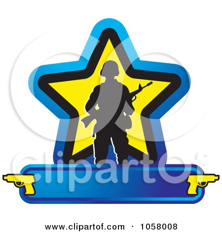 Royalty-Free Vector Clip Art Illustration of a Silhouetted Soldier With A Weapon Over A Star And Banner by Lal Perera