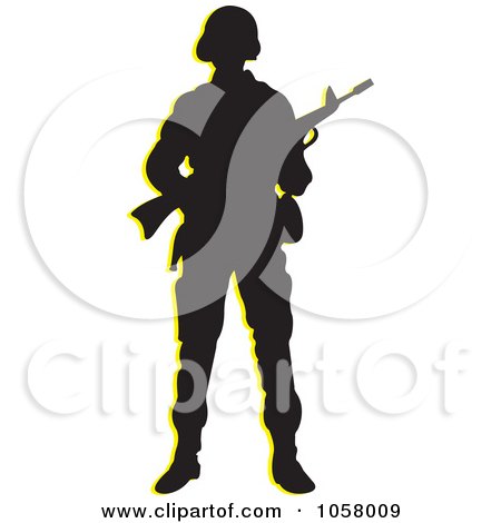 Royalty-Free Vector Clip Art Illustration of a Silhouetted Armed Soldier by Lal Perera