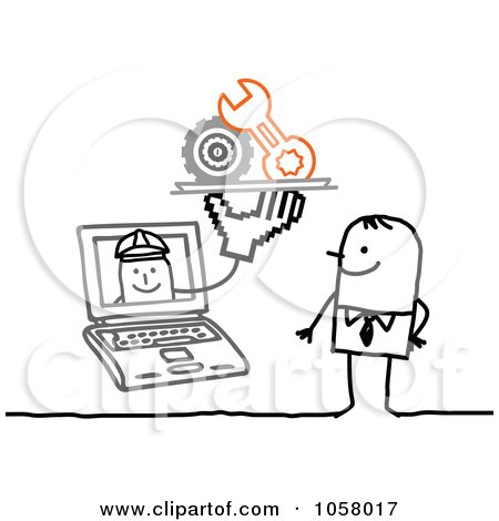 Royalty-Free Vector Clip Art Illustration of a Laptop Man Holding Mechanical Items Out To A Stick Man by NL shop