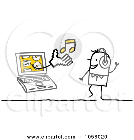 Royalty-Free Vector Clip Art Illustration of a Laptop Man Holding Music Out To A Stick Man by NL shop