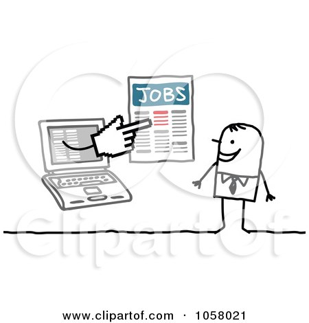 Royalty-Free Vector Clip Art Illustration of a Laptop Man Holding Job Listings Out To A Stick Man by NL shop
