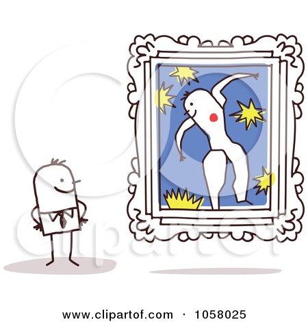Royalty-Free Vector Clip Art Illustration of a Stick Man Viewing Icarus In An Art Gallery by NL shop
